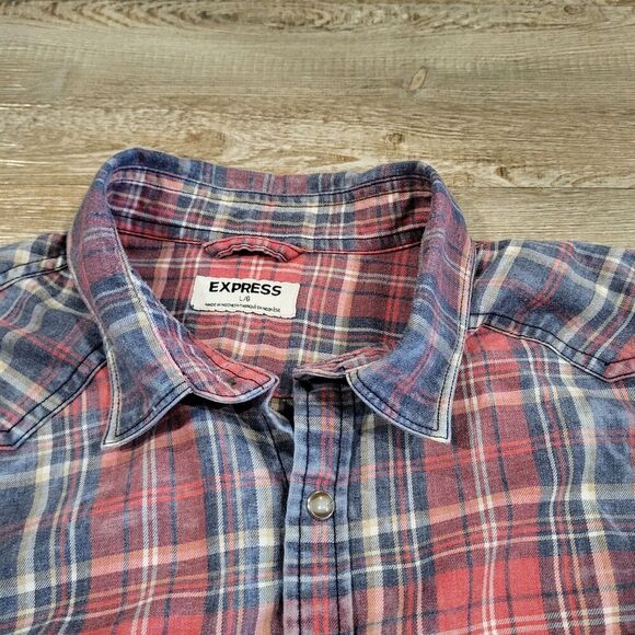 Express Pearl Snap Long Sleeved Flannel Button Up Shirt Mens Size Large - Picture 5 of 8